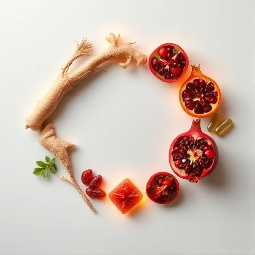 A tasteful, abstract representation of wellness and vitality, featuring natural elements like ginseng root, pomegranate, and zinc-rich foods arranged in a harmonious, circular composition with soft glowing light, symbolizing improved energy and male health, no text, no labels, no pills or capsules visible, minimalist and elegant