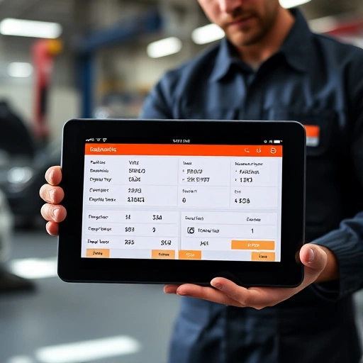 A modern car diagnostic card displayed on a tablet screen, showing vehicle details like VIN, mileage, engine type, and diagnostic trouble codes, with a mechanic in a workshop background wearing a uniform, holding a diagnostic scanner, soft natural lighting, clean and professional atmosphere