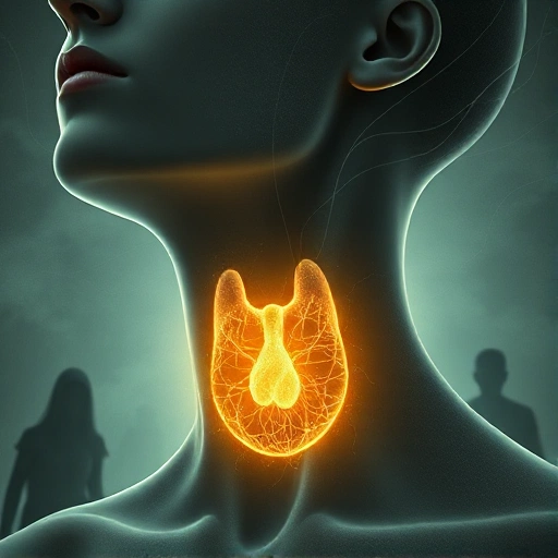 A symbolic medical illustration showing a human neck with a glowing, distorted thyroid gland, surrounded by subtle shadowy figures representing hidden danger and deceit, soft ethereal lighting, muted cool tones with hints of sickly yellow and gray, abstract representation of autoimmune attack as invisible threads damaging tissue, no text, no labels, no numbers, no realistic photo style — purely conceptual and artistic