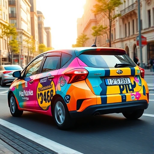A modern car with vibrant, eye-catching advertising graphics on its sides and rear, driving on a city street under bright daylight, showcasing bold brand logos, colorful promotional designs, and dynamic visual elements that convey effective mobile advertising — no text, no license plates, no people, just the vehicle and its ad wrap
