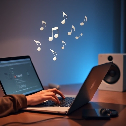 A person downloading music on a laptop, with musical notes floating from the speakers, modern minimalist design, soft lighting, high quality