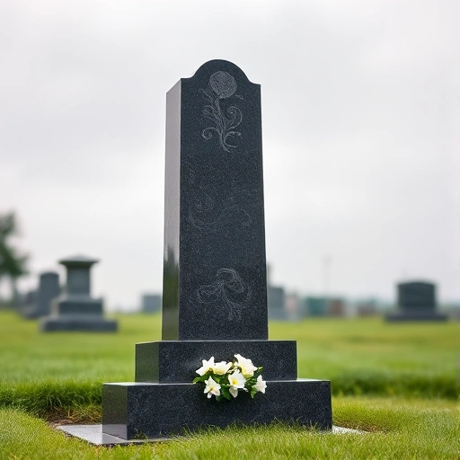 A serene cemetery scene with a dignified tombstone monument on a grave, featuring a simple yet elegant vertical stele made of dark granite with subtle engraved floral patterns, surrounded by soft green grass and a few white flowers placed at the base, under a gentle overcast sky, no text or letters visible anywhere