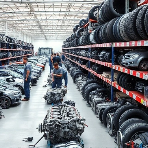 A professional auto dismantling yard with organized rows of used car parts, mechanics inspecting engines and transmissions, shelves labeled with spare parts like alternators, radiators, and tires, bright daylight, clean and safe environment, modern tools and equipment, no people faces visible, focus on parts and workflow