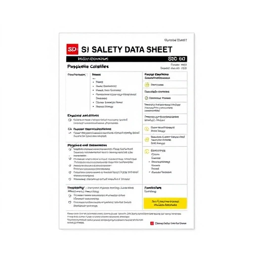 A professional, clean illustration of a chemical safety data sheet (SDS) document on a white background, showing key sections like product identification, hazard identification, composition, first-aid measures, fire-fighting measures, accidental release measures, handling and storage, exposure controls, physical and chemical properties, stability and reactivity, toxicological information, ecological information, disposal considerations, transport information, regulatory information, and other in