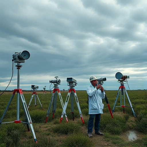 A professional meteorological research scene showing weather instruments like anemometers, barometers, and rain gauges in a field setting, with scientists in lab coats collecting data, cloudy sky with subtle weather patterns, realistic and detailed, smallHQ style