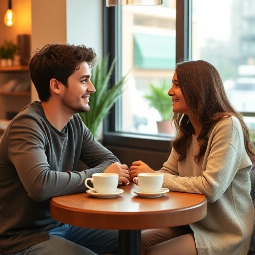 A young man and a young woman meeting for the first time in a cozy café, sitting across from each other at a small wooden table with two coffee cups, soft natural light from a nearby window, warm and welcoming atmosphere, subtle smiles, casual but neat clothing, no text or symbols visible