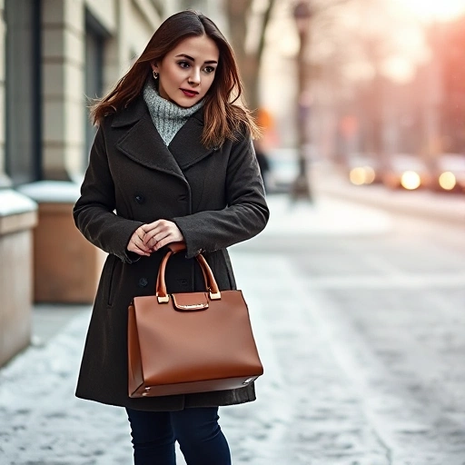 A stylish woman wearing a winter coat holding a fashionable women's handbag, standing in a snowy urban setting with soft winter light, modern fashion photography, high detail, elegant composition