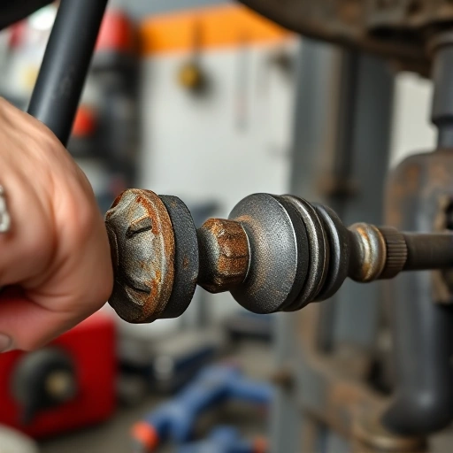 A close-up illustration of worn-out tie rod ends on a car's steering system, showing visible cracks, rust, and excessive play in the joint, with a mechanic's hand pointing to the damage, set against a blurred garage background with tools softly out of focus
