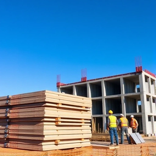 A modern construction site with reusable formwork panels stacked neatly, workers in safety gear assembling concrete forms, background showing partially built concrete structure, clear blue sky, professional and organized atmosphere
