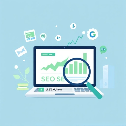A modern digital marketing scene showing a laptop with SEO analytics charts, upward-trending graphs, social media icons, and a magnifying glass over a website URL, all in a clean, professional flat design with soft blue and green tones, symbolizing website promotion and online visibility growth