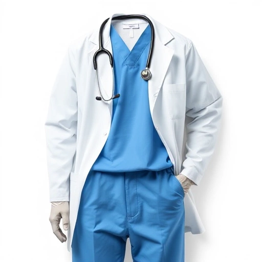 A clean, professional medical uniform set including a white lab coat, blue scrubs top and pants, stethoscope around the neck, and disposable gloves on a white background, well-lit, high detail, realistic style