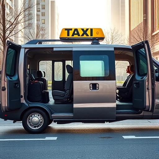 A modern minivan used as a taxi, parked in a clean urban setting with soft daylight, showing spacious interior visible through open doors, comfortable seating for passengers, luggage space, and a subtle taxi sign on the roof — realistic, high detail, no text or logos