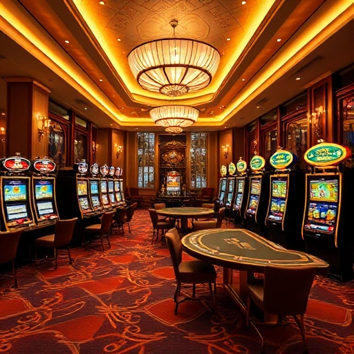 A modern, elegant casino interior with golden accents, glowing slot machines, elegant card tables, and a luxurious atmosphere, featuring subtle hints of Russian cultural motifs like matryoshka patterns in the decor and soft amber lighting, no text or signs visible