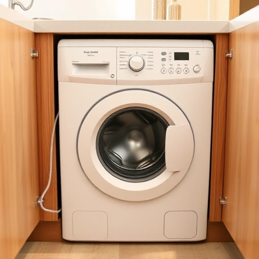 A modern built-in washing machine installed in a kitchen cabinet, with water supply and drainage hoses connected, electrical plug inserted into a socket, and the door slightly open to show the drum inside, all in a clean, well-lit domestic setting