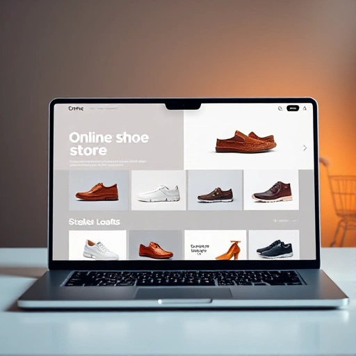 A modern, stylish online shoe store homepage displayed on a laptop screen, featuring a clean minimalist design with high-quality product images of fashionable shoes (sneakers, loafers, boots) arranged in a grid layout, soft neutral background with subtle gradients, elegant typography, and a visible shopping cart icon in the top right corner, warm ambient lighting, ultra-detailed, 8K resolution, professional e-commerce UI/UX design