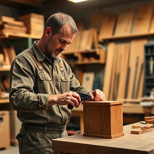A professional craftsman in a well-lit workshop, wearing work clothes, carefully inspecting a wooden furniture piece with precision tools, surrounded by organized shelves of tools and materials, conveying trust, skill, and quality workmanship