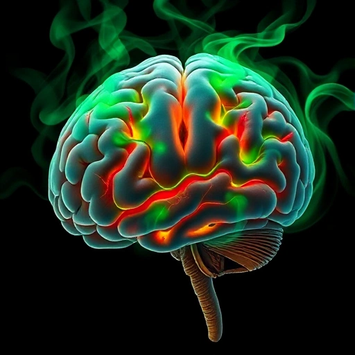 A human brain with visible neural pathways, partially obscured by swirling green cannabis smoke, showing signs of altered activity in reward and memory regions, scientific illustration style, detailed anatomy, soft lighting, medical educational tone