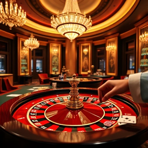 A luxurious casino interior with elegant lighting, a roulette table, playing cards, and chips, featuring a subtle hint of a person's hand placing a bet, all in a sophisticated and inviting atmosphere