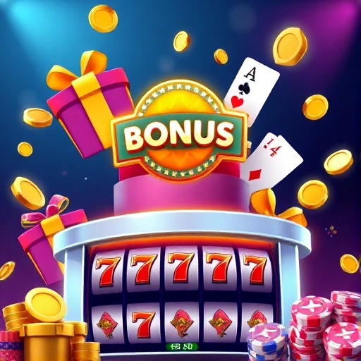 A vibrant, high-quality illustration of online casino bonuses: colorful gift boxes, golden coins, playing cards, and a glowing 'Bonus' badge floating above a sleek digital casino interface with slot machine reels and chips, all in a modern, clean, and inviting design without any text or numbers visible