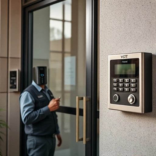 A modern apartment building entrance with a Vizit brand intercom system mounted on the wall near the door, a technician in a uniform repairing the intercom with tools, close-up view of the intercom panel showing buttons and screen, soft daylight, realistic details, no text or signs visible