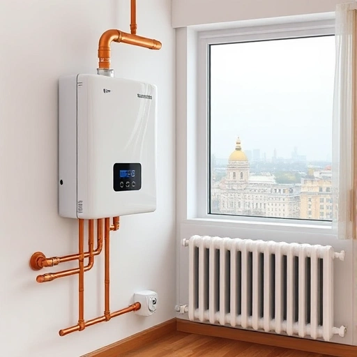 A modern autonomous heating system installed in a Moscow apartment, featuring a compact wall-mounted boiler, copper pipes, radiators, and a digital thermostat, with a view of Moscow cityscape through a window in the background, realistic lighting, high detail, no text or labels