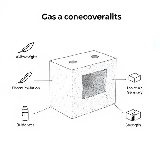A clean, minimalist illustration showing a cross-section of a gas concrete (aerated concrete) block with visible porous structure, placed on a white background. Around it, simple icons represent advantages (lightweight, thermal insulation, fire resistance) and disadvantages (brittleness, moisture sensitivity, lower compressive strength) using universally understood symbols like a feather for lightweight, a thermos for insulation, a shield for fire resistance, a cracked block for brittleness, a w