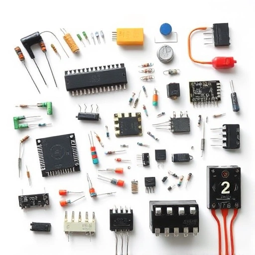 A clean, professional illustration of electronic components such as resistors, capacitors, integrated circuits, and connectors arranged neatly on a white background, with subtle shadows and soft lighting to emphasize precision and quality, suitable for a technical catalog or e-commerce product display