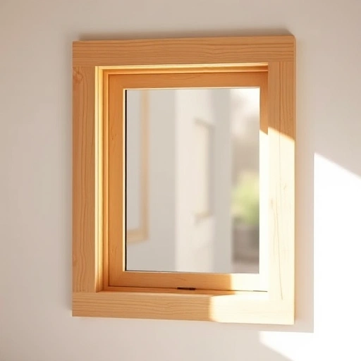A modern wooden window with a simple, economical design, made of light-colored pine wood, showing a clean rectangular frame with a single pane of clear glass, installed in a modest residential setting, soft natural lighting, no decorative elements, minimalistic and functional appearance