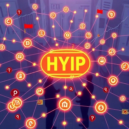 A modern digital illustration showing a complex network of interconnected glowing nodes representing a HYIP (High Yield Investment Program) scheme, with upward-trending graphs, cryptocurrency symbols, and shadowy figures exchanging money in the background, all rendered in a sleek, futuristic tech aesthetic with subtle warning symbols like red flags and question marks subtly integrated