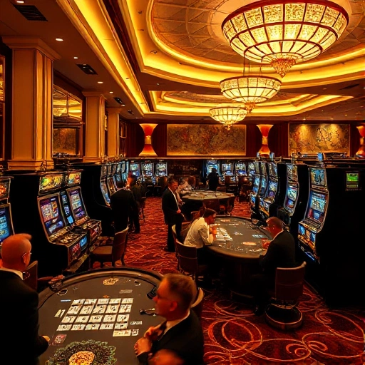 A luxurious casino interior with elegant gaming tables, slot machines, and sophisticated patrons in formal attire, warm ambient lighting, high-end decor with gold accents and velvet ropes, realistic style, no text or signs visible