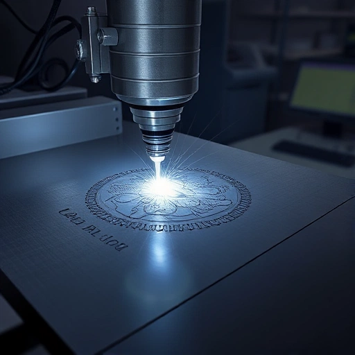 A detailed illustration of laser engraving process showing a focused laser beam etching precise patterns onto a metal surface, with visible vaporization and fine details being created, in a clean industrial workshop setting with safety equipment and computer controls nearby