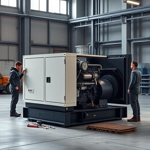 A modern diesel generator in a clean industrial setting, placed on a concrete pad with subtle lighting, surrounded by tools and a technician checking controls, realistic details, high quality, no text or signs
