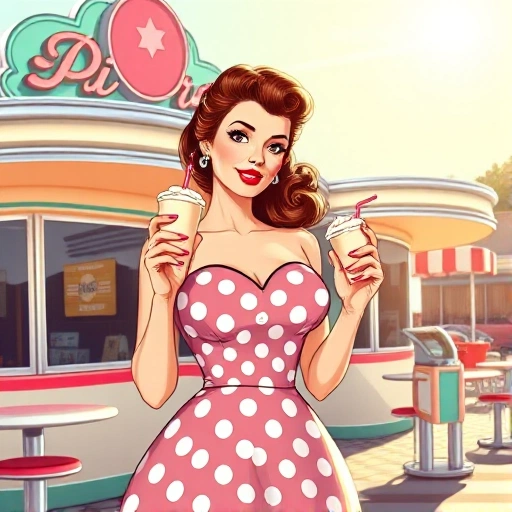 A vibrant and elegant illustration of a stylish woman in a retro 1950s pin-up pose, wearing a polka-dot dress with a sweetheart neckline, red lipstick, victory rolls hairstyle, and holding a classic milkshake, standing in front of a pastel-colored diner with chrome details and neon signs, soft sunlight, cheerful atmosphere, no text or logos