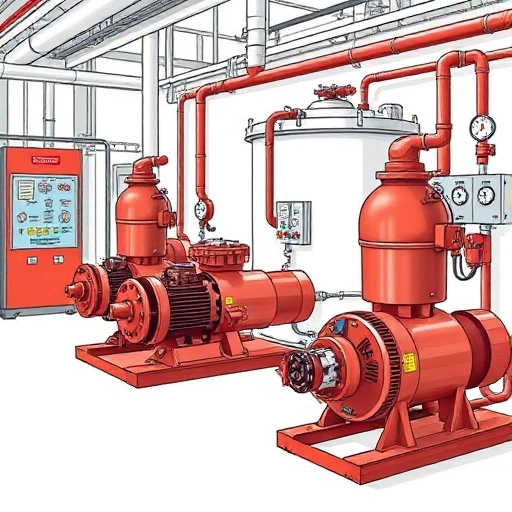 A detailed illustration of a fire pump station, showing red fire pumps, pressure gauges, control panels, piping with valves, and a water reservoir in the background, all in a clean industrial setting with safety signs and emergency lighting, realistic technical drawing style