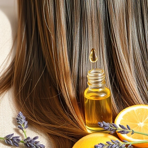 A close-up of healthy, shiny hair with visible strands, gently illuminated by soft natural light, showing a few drops of essential oil being applied to the ends, with a small glass bottle of essential oil nearby labeled in elegant minimalist typography, surrounded by subtle botanical elements like lavender sprigs and citrus slices, all on a soft beige linen background