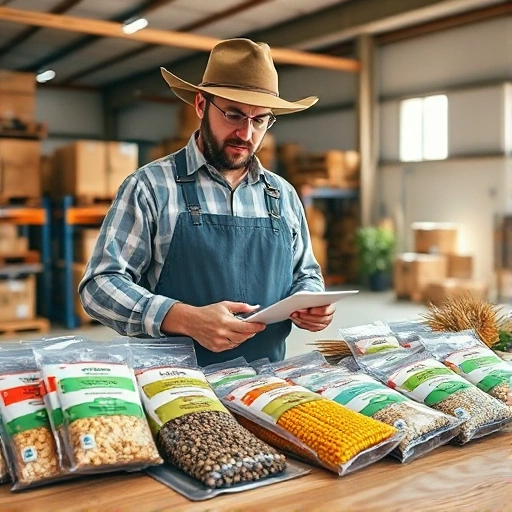 A professional agricultural setting showing a farmer or agronomist examining high-quality bulk seed packets of various crops like wheat, corn, and sunflowers, laid out on a wooden table in a bright warehouse or farm office, with natural lighting, detailed textures, and a focus on seed variety labels and packaging, conveying trust and expertise in wholesale seed selection