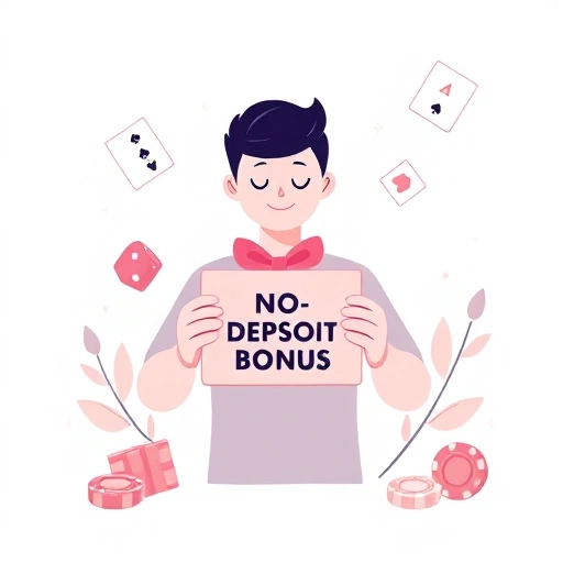 A modern digital illustration showing a person receiving a gift box with a 'No Deposit Bonus' label, surrounded by subtle casino-themed icons like playing cards, dice, and chips, all in a clean, minimalist style with soft gradients and flat design, no text or numbers visible in the image