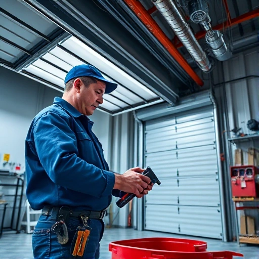 A professional technician repairing sectional garage doors, automatic gates, roller shutters, and barriers in a modern industrial setting, showing tools, parts, and mechanisms being serviced with attention to detail, realistic lighting, and clean composition