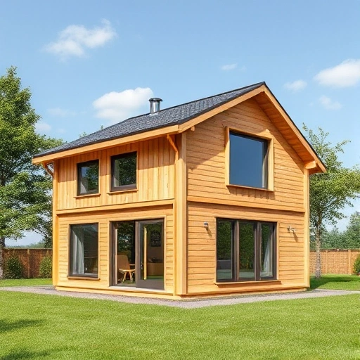 A modern 8x8 meter frame house with wooden structure, large windows, and a sloped roof, surrounded by green grass and trees under a clear sky, showcasing the advantages of frame construction such as speed, eco-friendliness, and energy efficiency