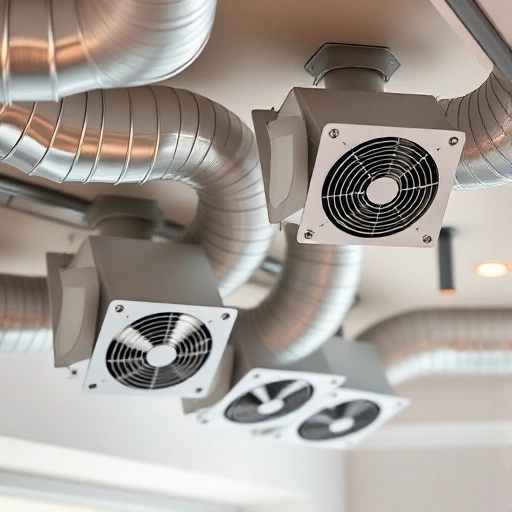 A set of modern inline duct fans installed in a residential ventilation system, showing sleek metal housings with grilles, connected to flexible ducts, mounted on a ceiling or wall, with soft ambient lighting highlighting the airflow direction, realistic details, no text or labels