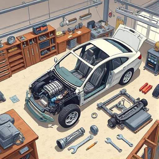 A detailed illustration of a car being disassembled in a garage, showing individual parts like engine, wheels, doors, and chassis laid out neatly on workbenches, with tools such as wrenches and screwdrivers nearby, soft natural lighting, realistic textures, no people visible