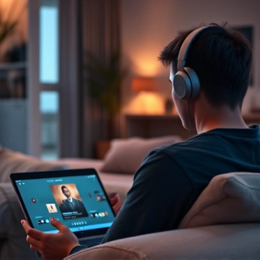 A cozy modern living room with a person wearing headphones, sitting on a sofa, listening to music from a sleek smartphone or laptop displaying a music streaming app interface, soft ambient lighting, minimalist decor, warm color palette, high detail, realistic style
