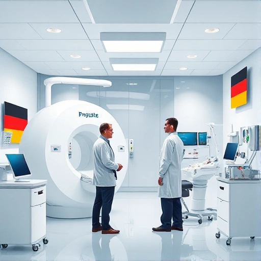 A professional medical illustration showing a modern German oncology clinic interior with doctors discussing prostate cancer treatment options, featuring advanced medical equipment like MRI machines and radiation therapy devices, subtle German flag colors in the background, focus on patient-doctor interaction, clean and sterile environment, no text or labels visible