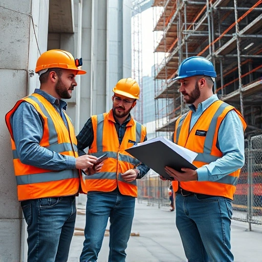 A professional technical inspection of a building and structure: engineers in safety vests using laser distance meters, thermal imaging cameras, and notebooks examining cracks in concrete walls, checking steel beams, and reviewing blueprints on a tablet, set against a modern urban construction site with scaffolding and safety barriers, daylight, high detail, realistic