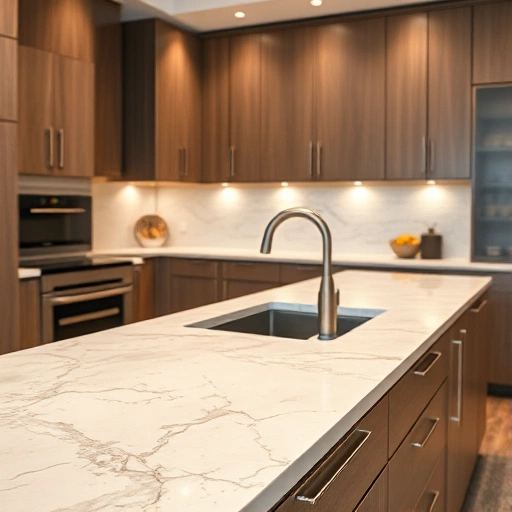 A modern kitchen with a focus on a high-quality countertop made of natural stone, such as marble or quartz, showing its texture, color variations, and seamless integration with cabinets and sink, well-lit, realistic, detailed, no people