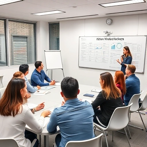 A professional training session in a modern classroom with diverse participants learning about ISO standards, featuring charts, documents, and a trainer explaining concepts on a whiteboard, clean and educational atmosphere