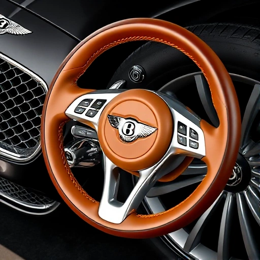 A high-quality close-up of original Bentley car parts, including a polished chrome grille, luxury leather steering wheel with Bentley emblem, and precision-engineered alloy wheel, displayed on a clean black velvet background with soft studio lighting highlighting fine details and craftsmanship