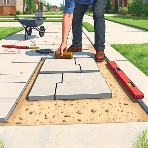 A detailed illustration of the process of laying paving stones on a sidewalk, showing a worker placing rectangular concrete pavers on a prepared sand base, using a rubber mallet to level them, with a spirit level and string line visible for alignment, surrounded by tools like a shovel, wheelbarrow, and trowel, in a residential urban setting with grass edges and distant buildings, daylight, realistic style