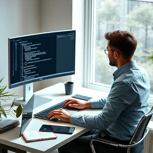 A professional freelance 1C programmer working at a modern desk with dual monitors displaying 1C:Enterprise code and interface, wearing business casual attire, with a laptop, notebook, and coffee cup nearby, soft natural lighting from a window, minimalist office background, high detail, realistic style