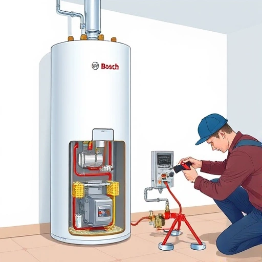 A detailed illustration of a Bosch gas water heater being repaired, showing internal components like the heat exchanger, burner, and gas valve, with a technician using tools in a well-lit indoor setting, emphasizing precision and safety